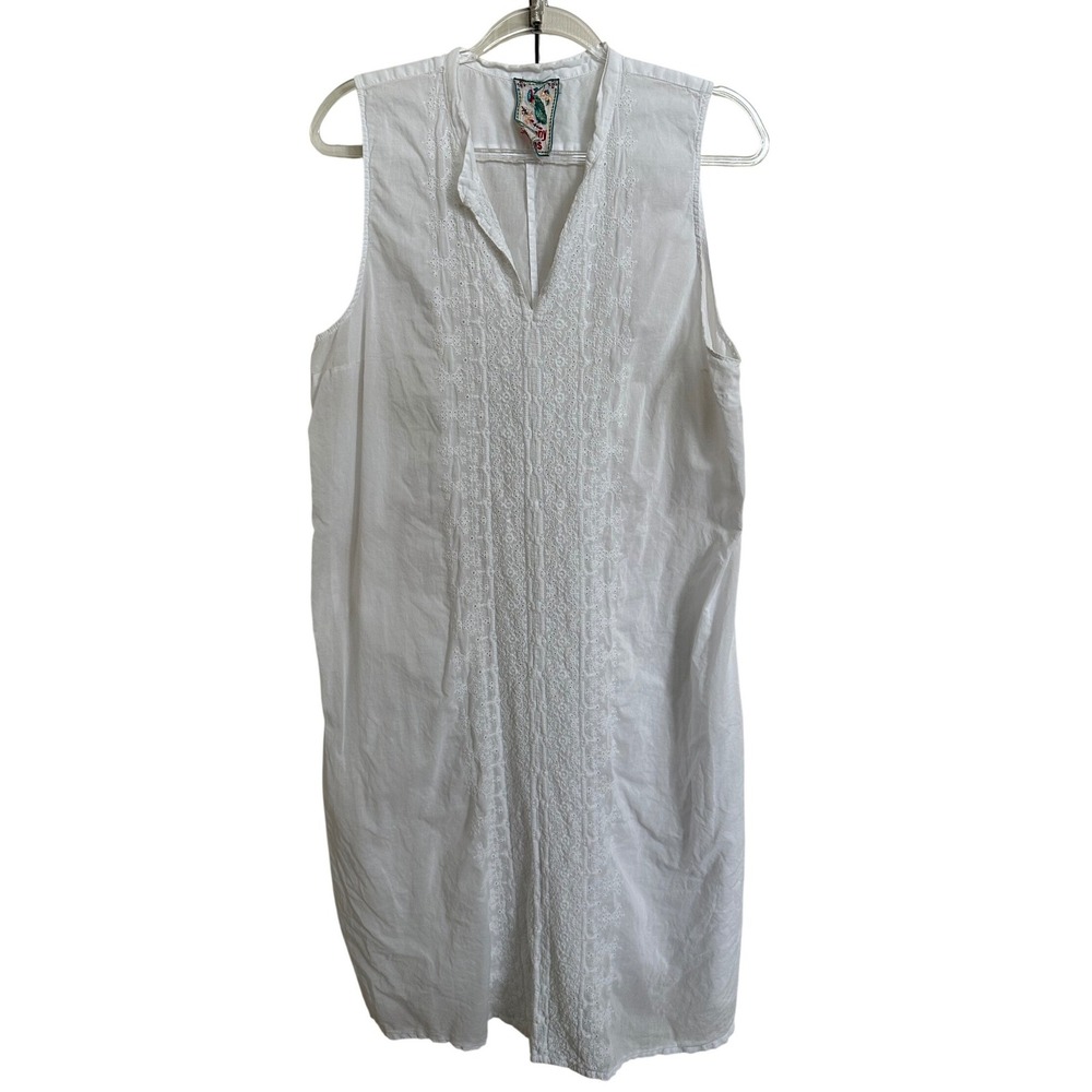 Johnny Was White Cotton Eyelet Embroidered V-Neck Sleeveless Tunic Dress